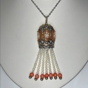 NWOT Gems En Vogue Designer Floral Cameo Beaded Tassel Pendant Necklace Boho